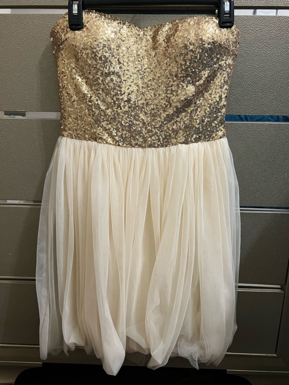 Strapless Sequin Bodice Tulle Skirt Dress - Gold and Cream